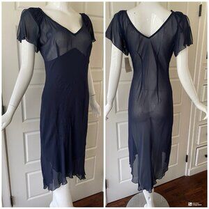 Vintage CDC Y2k Navy Blue Chiffon Babydoll HighLow Shear Midi Dress Embroidery 6